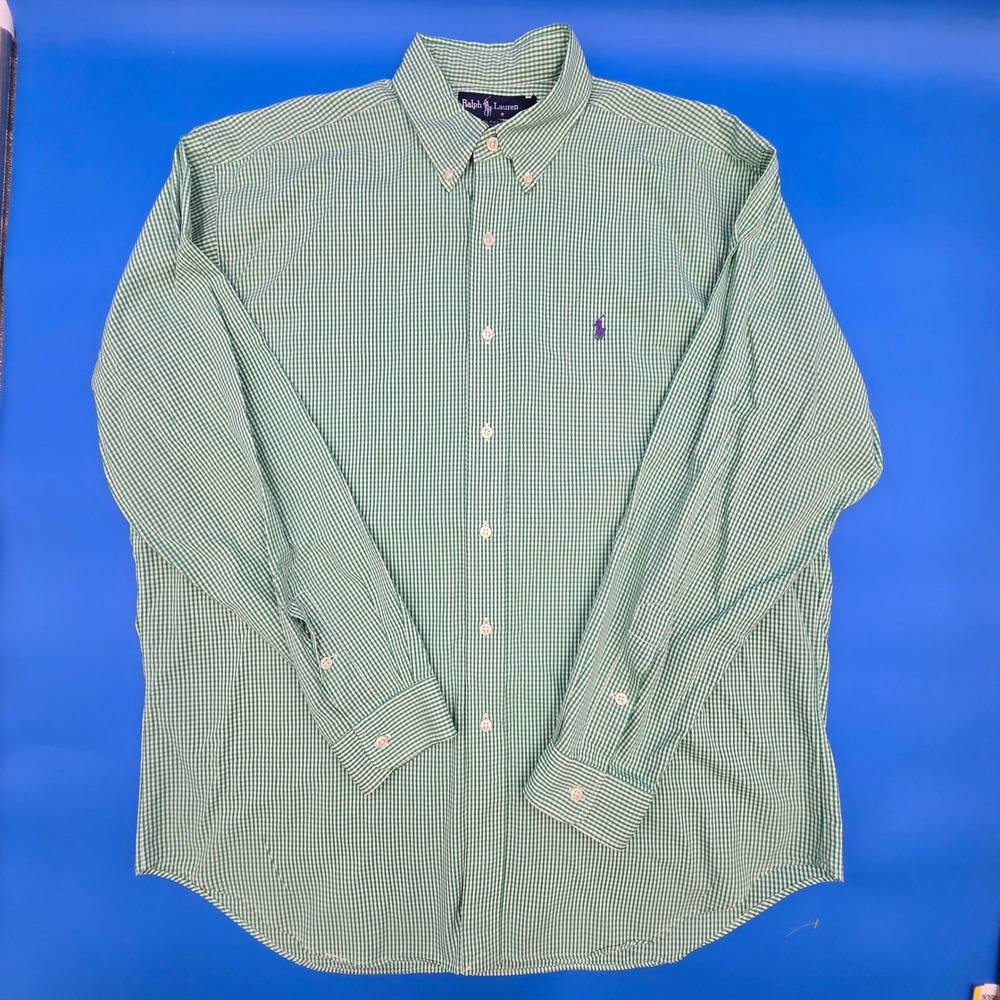 Ralph Lauren Blake Shirt Mens L Green Gingham Check Cotton Button Down LS